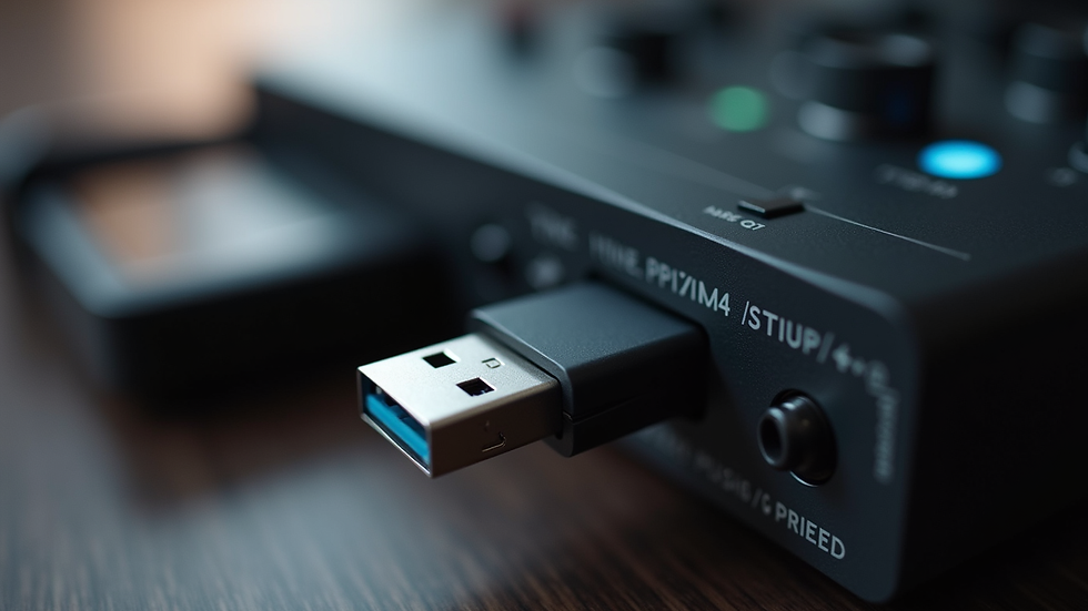 Eye-level view of a USB drive being inserted into a USB audio player