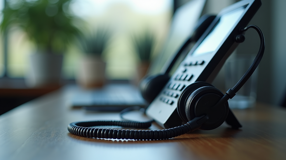 Close-up view of telephone headset on office desk