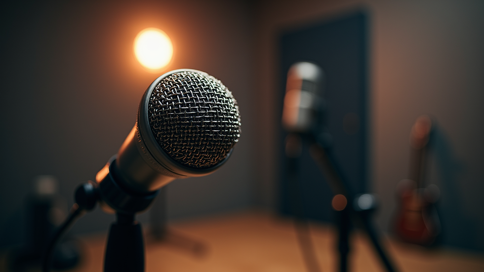 Eye-level view of a professional recording microphone in a soundproof booth