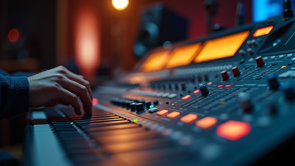 Close-up view of a sound engineer mixing audio tracks in a studio