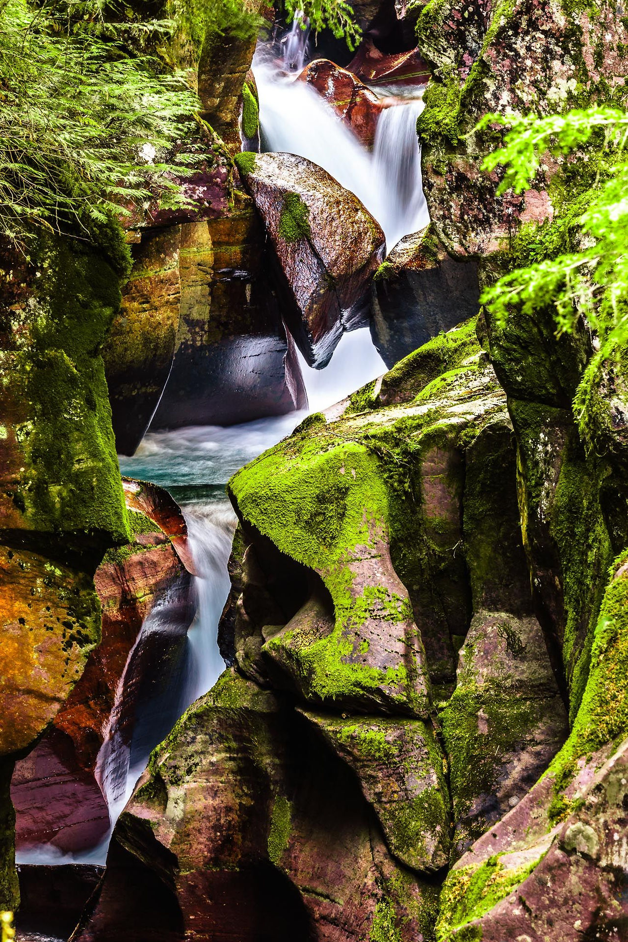 Moss-covered waterfall in a green forest