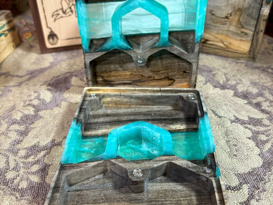 Bespoke, hand-made  resin and hardwood dice box Open