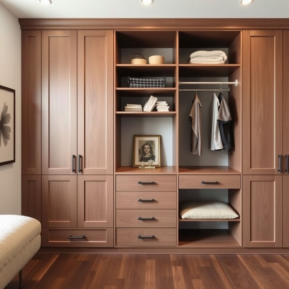 Custom wooden wardrobe closet with shelves and hanging space designed for bedroom storage and organization solutions