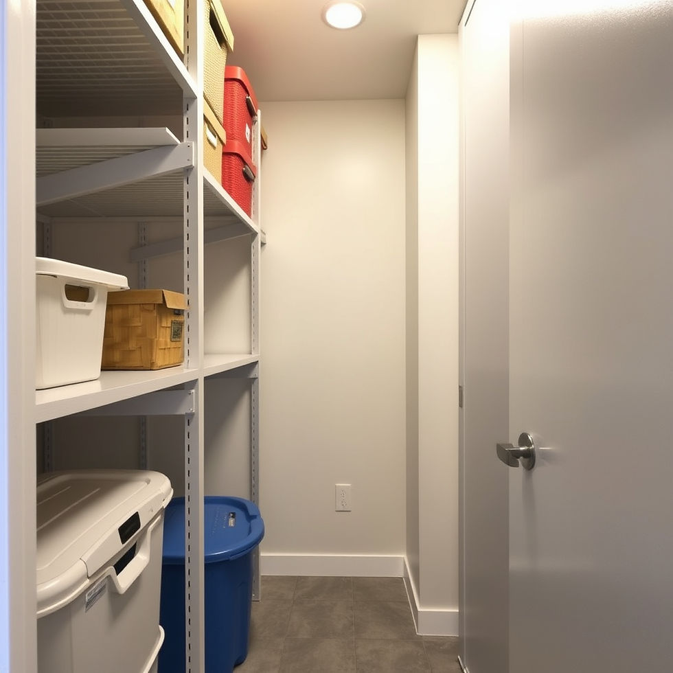 Home storage closet with adjustable shelves and storage bins designed for organized household storage solutions.