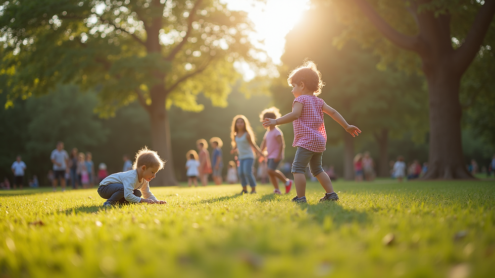 Eye-level view of a community park with families enjoying outdoor activities