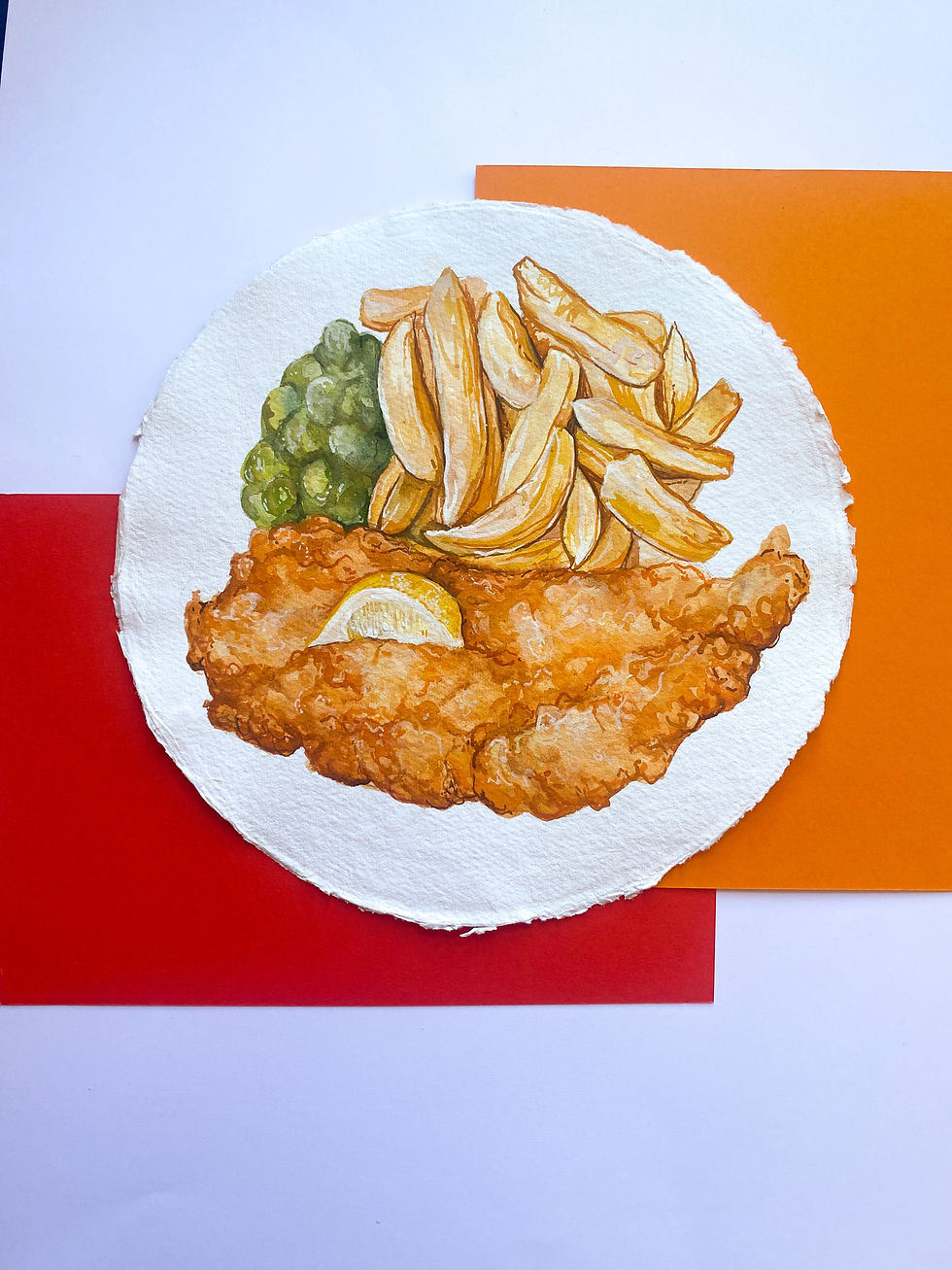 Thumbnail: Fish & chips with mushy peas and lemon 30cm circular original gouache painting