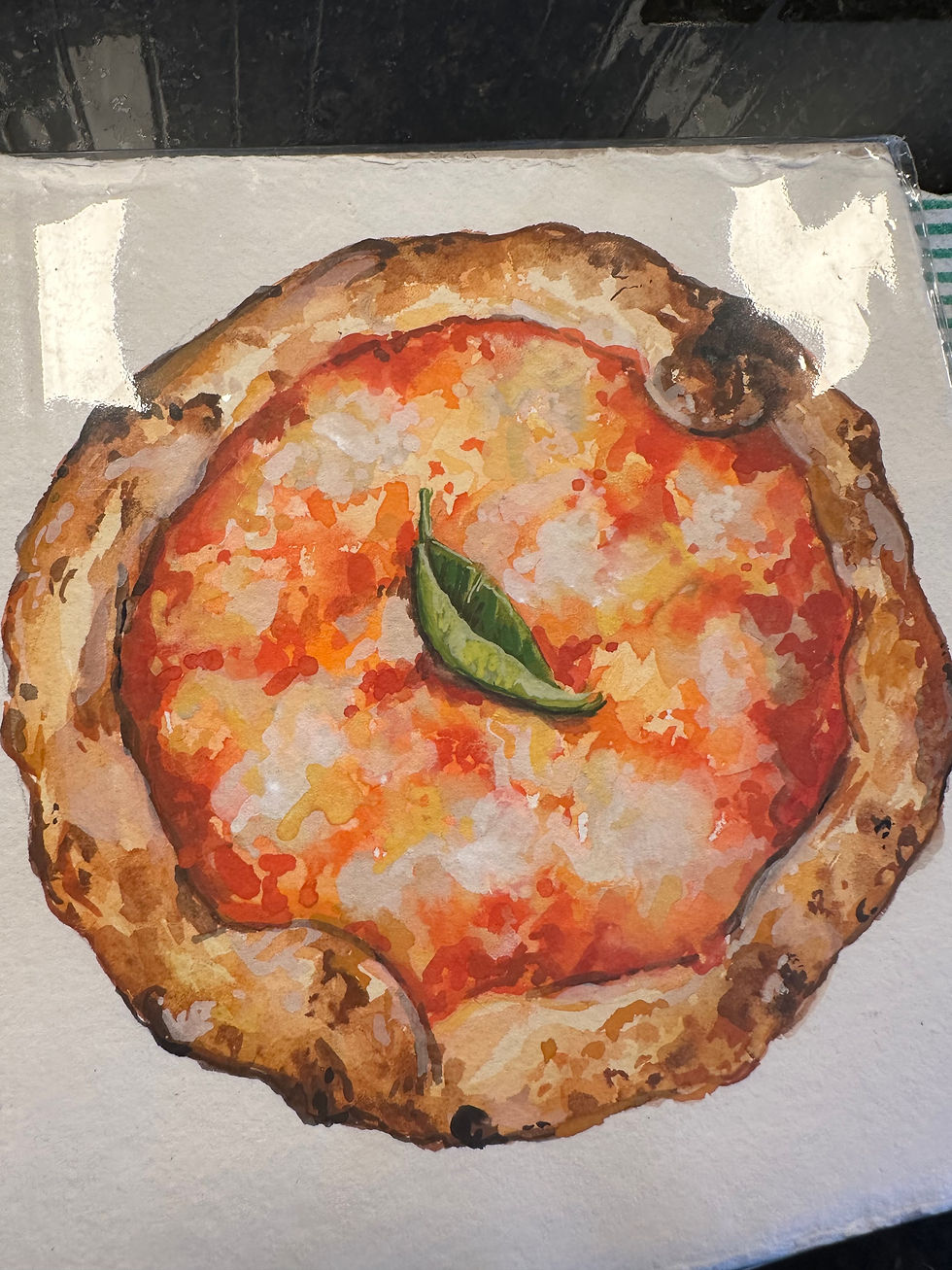 Thumbnail: Margherita Pizza Original Gouache Painting - One of a kind!