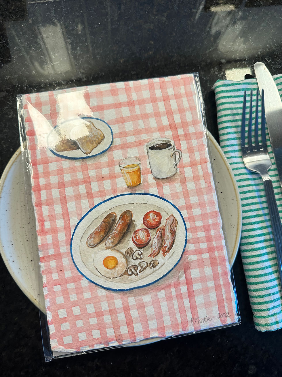 Thumbnail: Full English Breakfast Gingham Scene Original Gouache Painting - One of a kind!