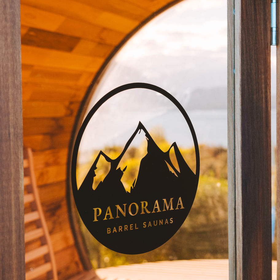Panorama Saunas Logo New Zealand On Barrel Sauna Door