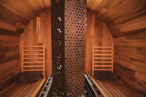 Inside Of Woodfired Cedar Barrel Sauna