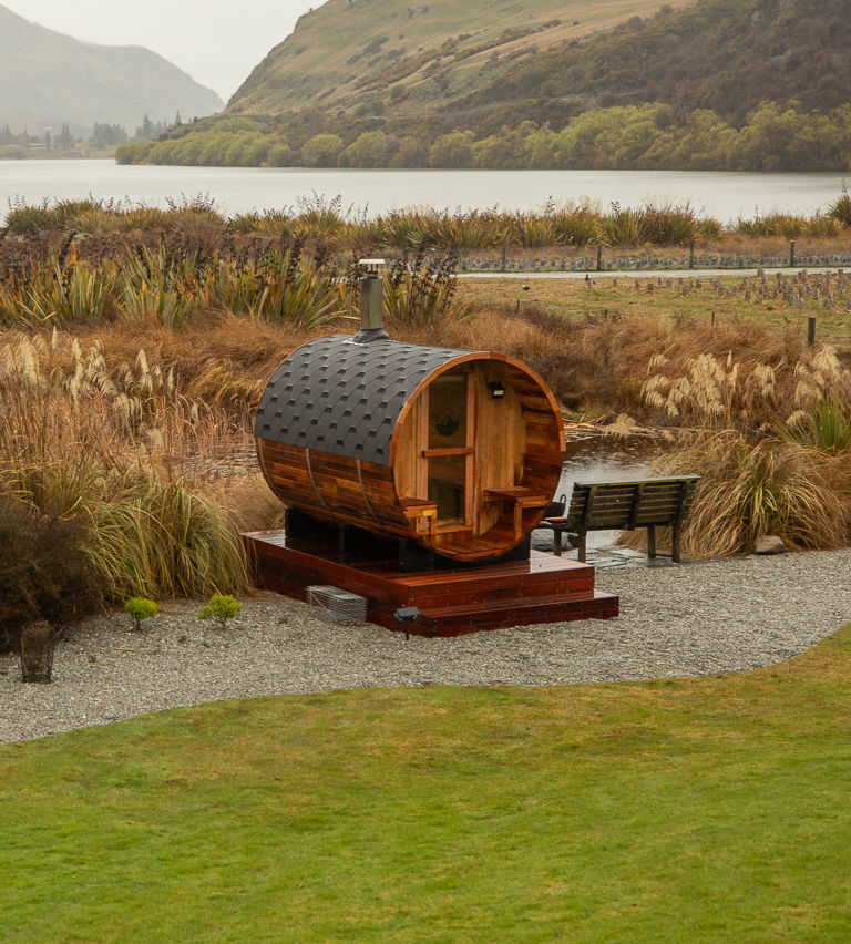 Outdoor Woodfired Barrel Sauna Lake Hayes Door View