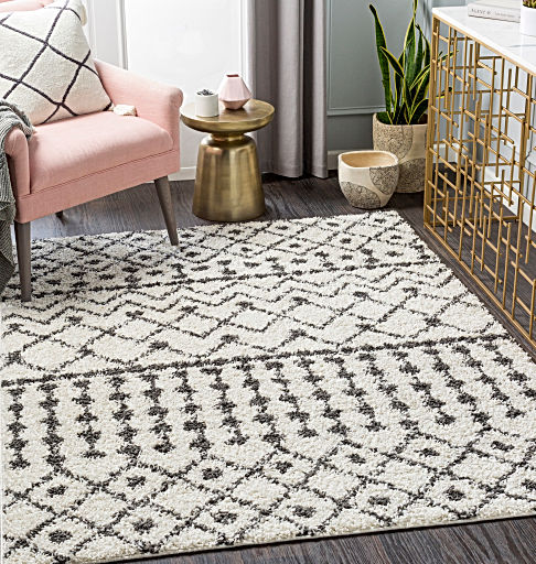 A boho-chic long shaggy area rug featuring a mix of cream, black, and white lines and dots pattern, perfect for adding a touch of eclectic style to any interior space. The rug has a unique and visually appealing design with irregularly shaped lines and dots arranged in a free-spirited pattern. The cream background color adds warmth to the room, while the black lines and dots provide a striking contrast. The shaggy texture of the rug adds depth and dimension to the design, creating a cozy and inviting atmosphere.
