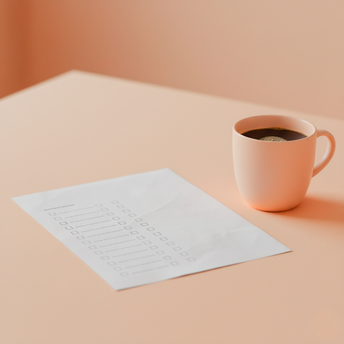 Coffee cup and paperwork flat lay, prompting visitors to enter details to receive the audit instantly.