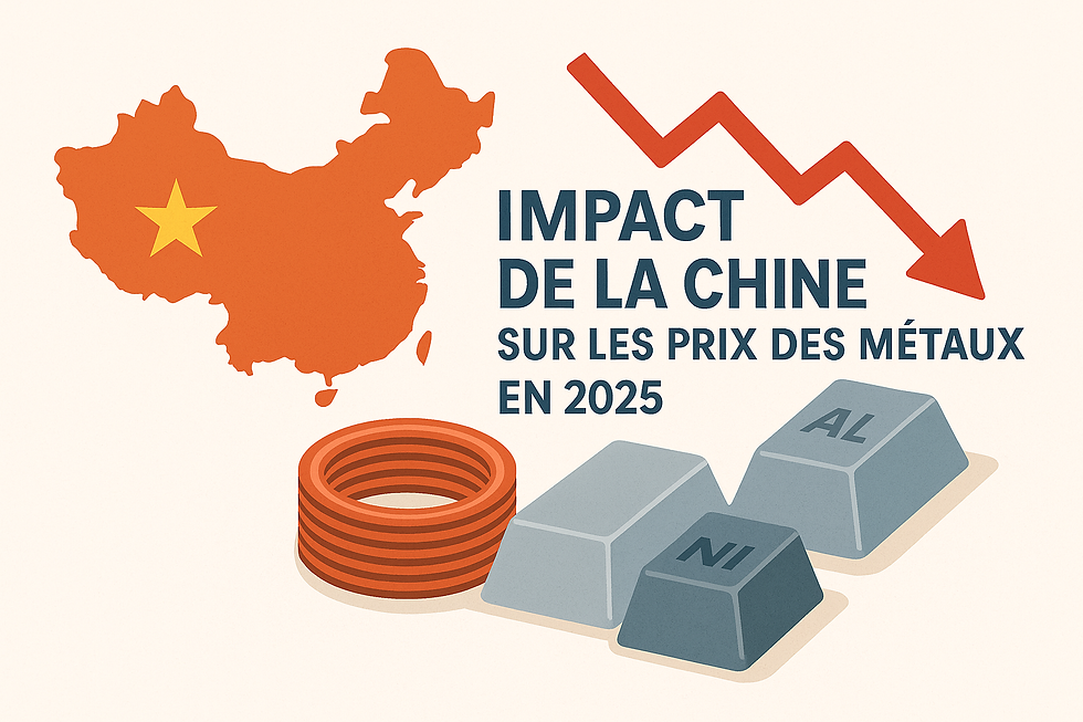 Illustration moderne montrant l’impact de la crise immobilière chinoise sur les cours du cuivre, avec un bâtiment en construction, des graphiques financiers en baisse et un symbole du cuivre en surbrillance.