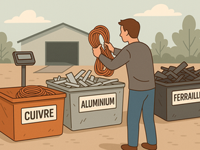 Illustration simple d’une personne vendant des métaux triés (cuivre, aluminium, ferraille) dans un centre de recyclage.