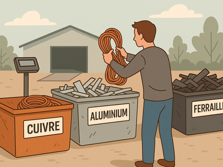 Illustration simple d’une personne vendant des métaux triés (cuivre, aluminium, ferraille) dans un centre de recyclage.