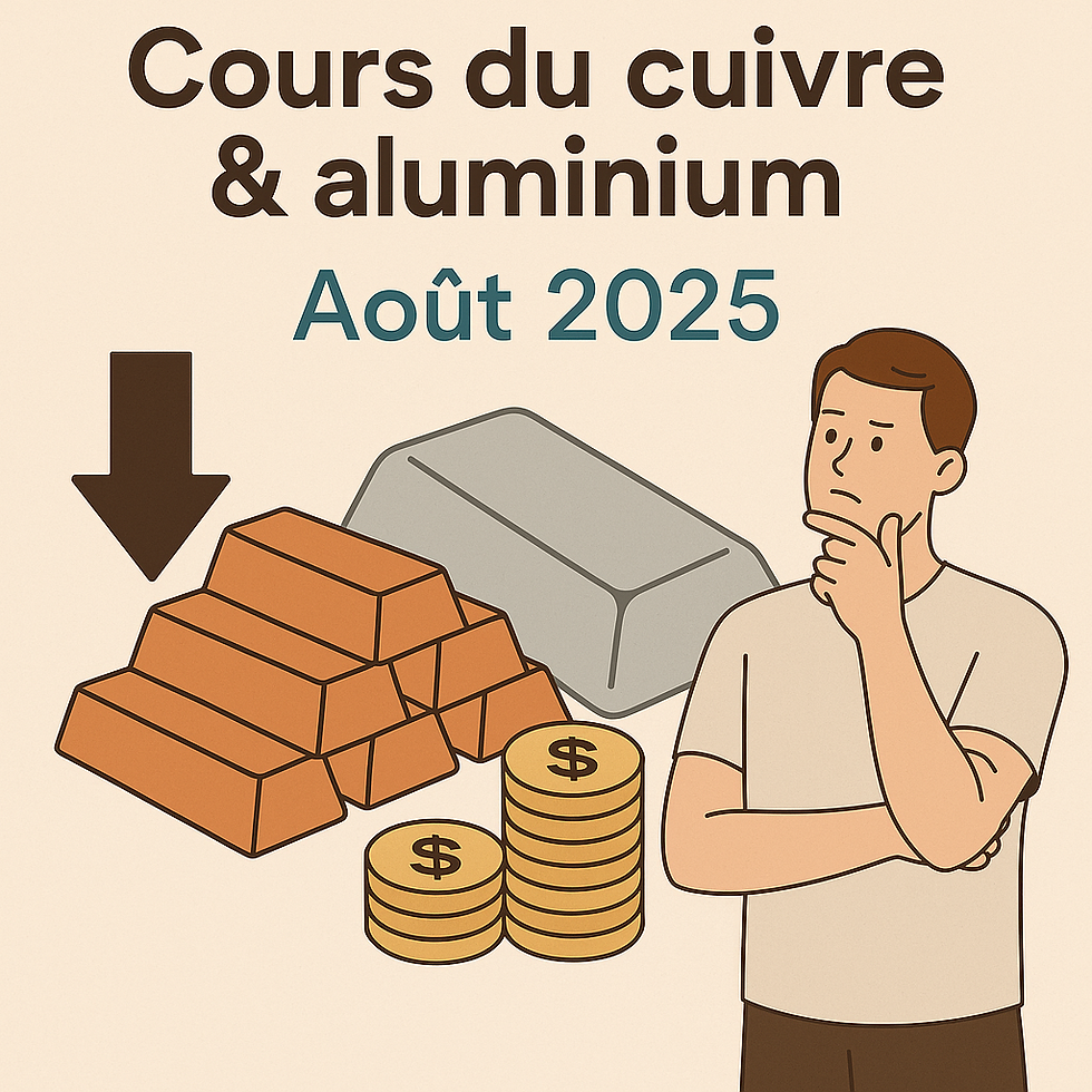 llustration représentant la chute des prix des métaux en août 2025, avec un graphique en déclin, des icônes de pièces métalliques et une ambiance économique morose — idéale pour un article sur l’évolution du marché des métaux.