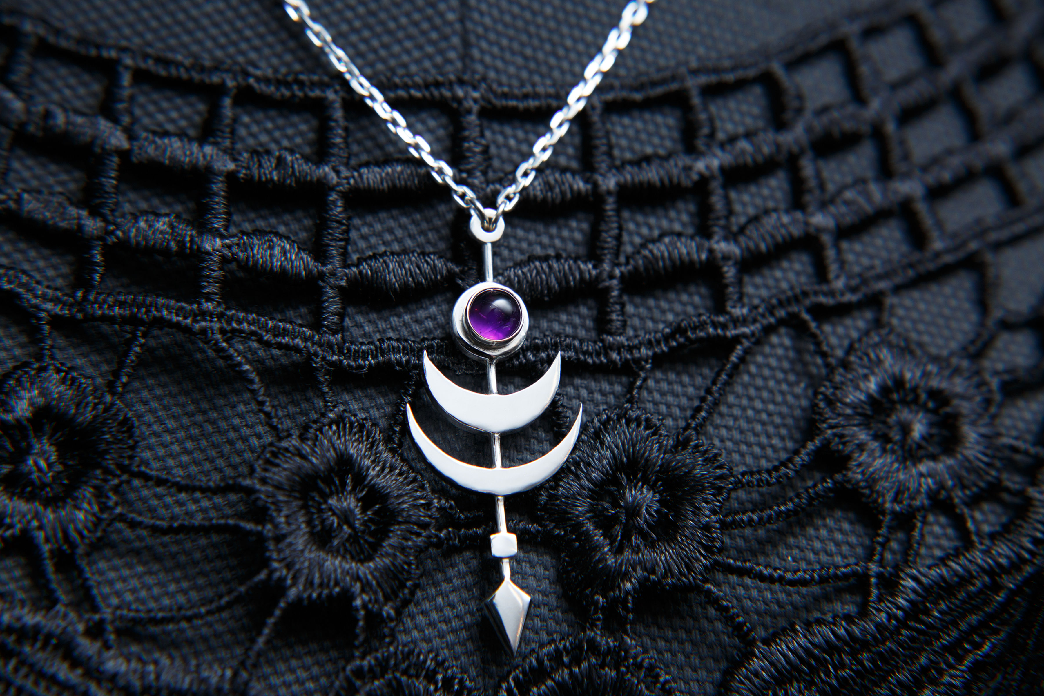 Cosmic Twilight Sterling Silver Amethyst gemstone phases moon pendant and chain.