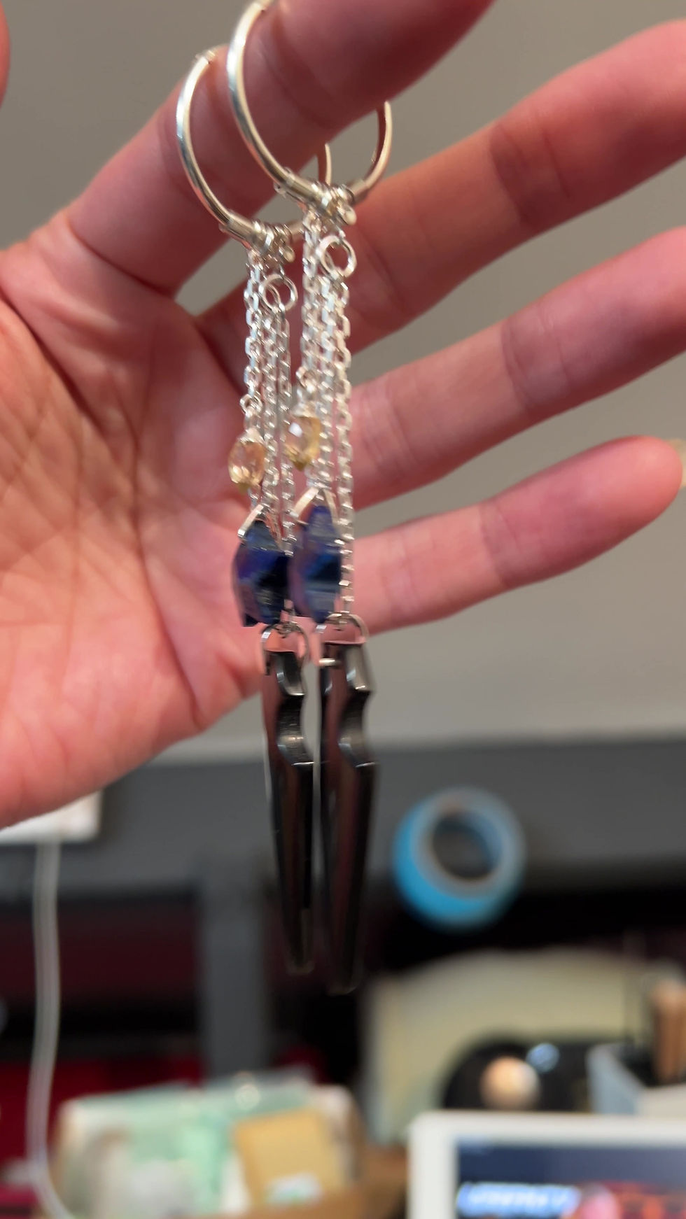 Thumbnail: shooting star long hoop earrings, Lapis lazuli star earrings, Black Obsidian arrow earrings, Citrine gemstones.