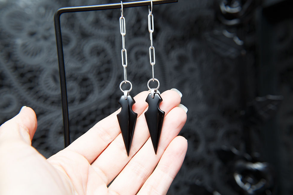 Thumbnail: Alessia, Black Obsidian gemstone arrow long earrings. 925 Sterling Silver
