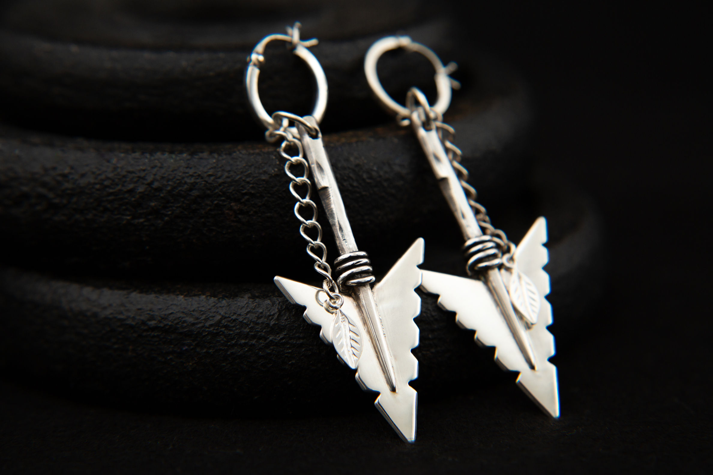 Cheveyo. Tribal Native Silver Arrowhead Earrings with leaf detail. Sterling Silv