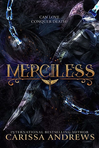 Book cover of "Merciless" shows two daggers crossed together.
