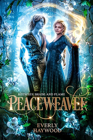 Book cover for "Peaceweaver" shows a female and male couple. The male has blue skin and the female appears to have magic powers.