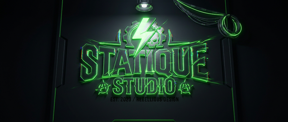 Digital 3D render of a glowing neon green logo for 'Statique Studio', featuring a lightning bolt, skull, and gear motif. The aesthetic is edgy and modern, with a high-contrast industrial feel.