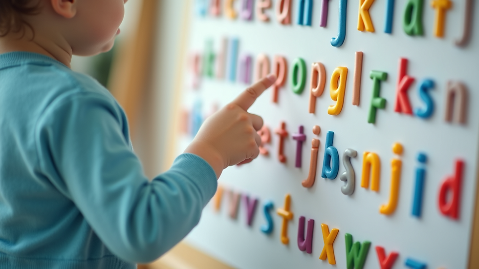 Close-up view of a child’s hand pointing to letters on a colorful phonics chart