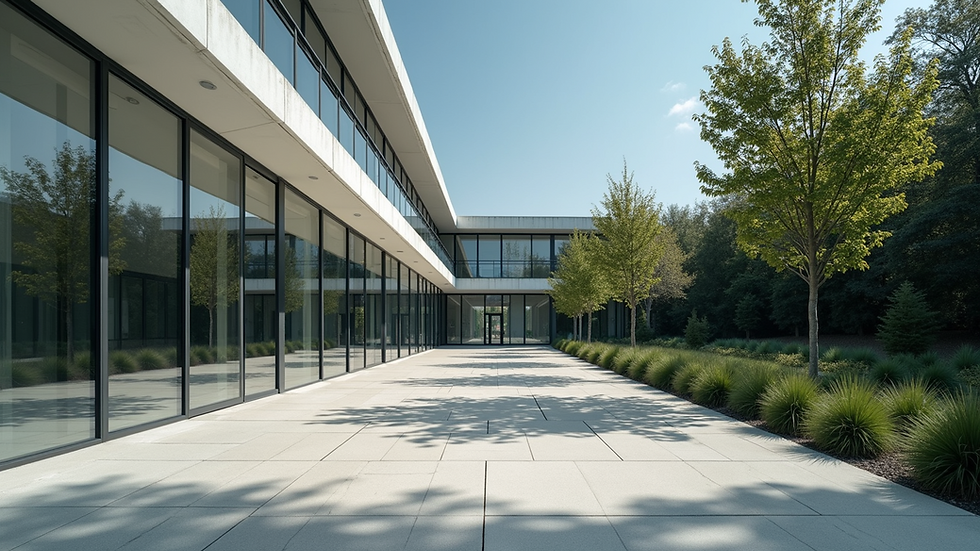Eye-level view of a modern building facade with large aluminum windows