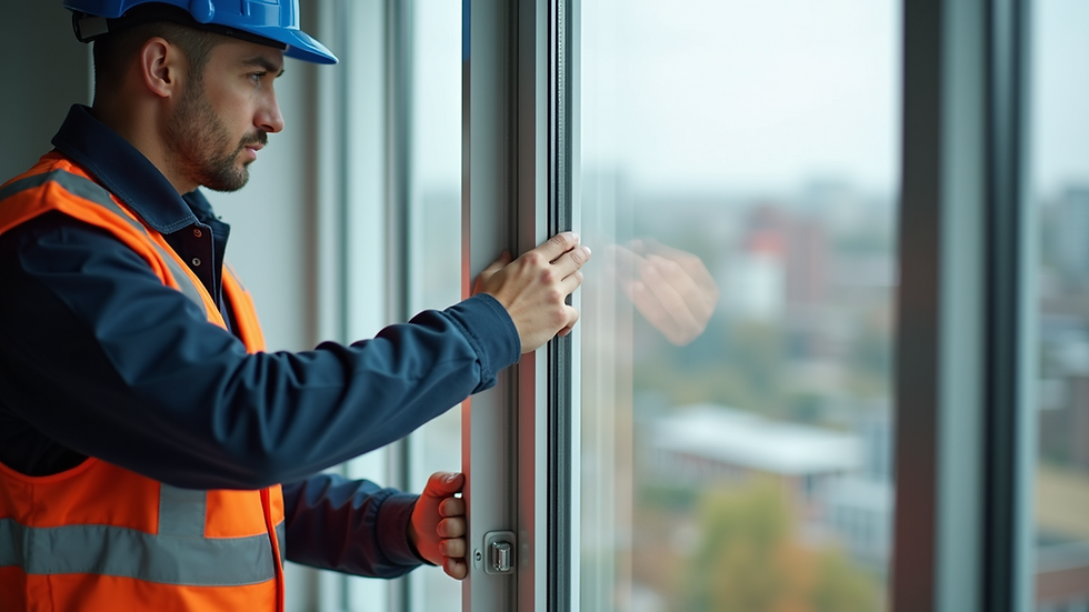 High angle view of professional installer fitting aluminum window in a commercial building
