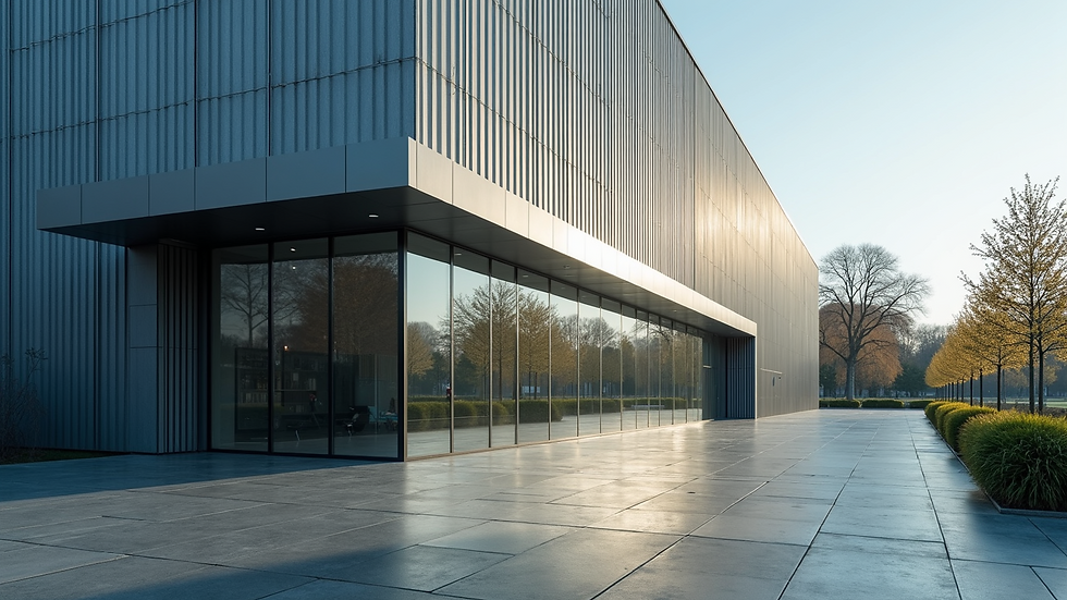 High angle view of a commercial building with glass and aluminum facade