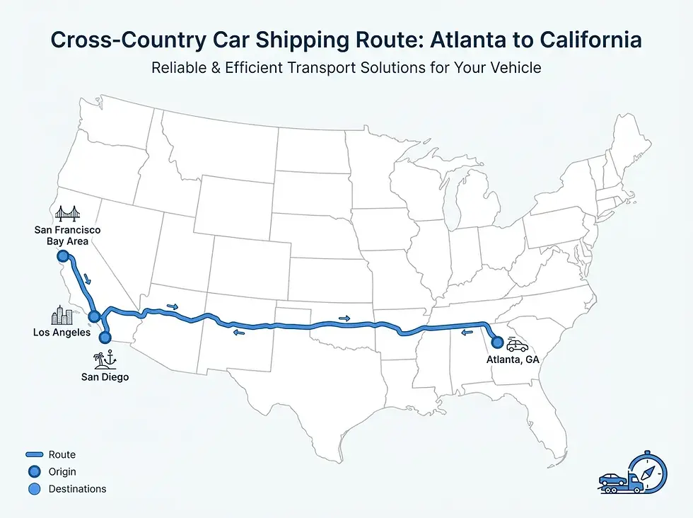 Route map graphic (Atlanta → CA: LA / San Diego / Bay Area)