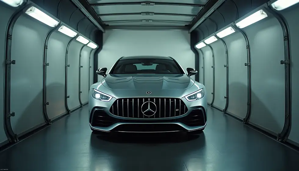 Eye-level view of a luxury car inside an enclosed transport trailer