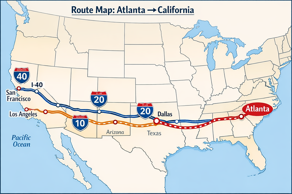 Map from Atlanta to California