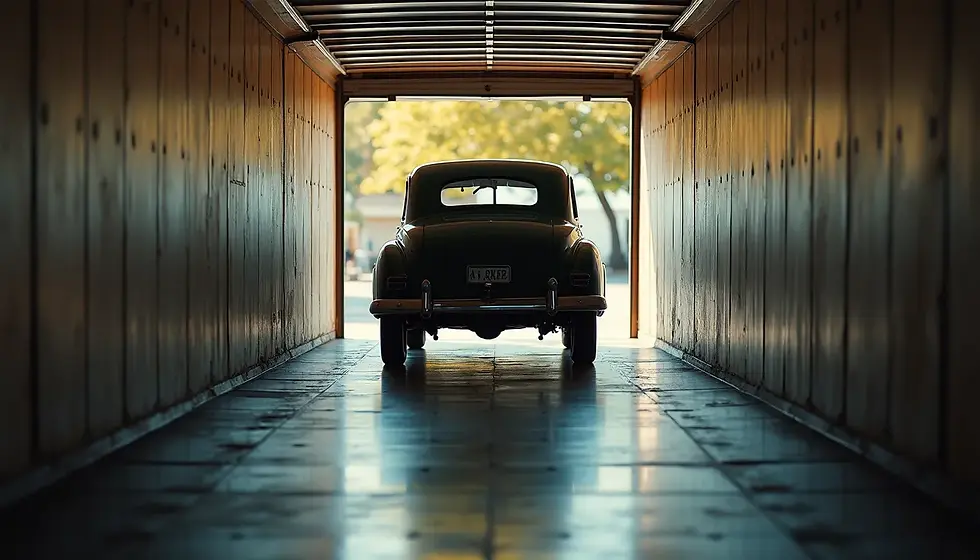 Eye-level view of a vintage car being loaded into an enclosed transport trailer