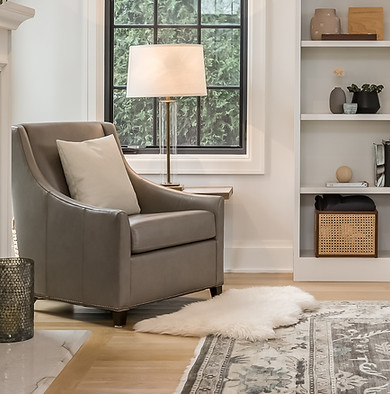 Transitional Interior Design Living Room Aesthetic. Gray side chair near window with neutr
