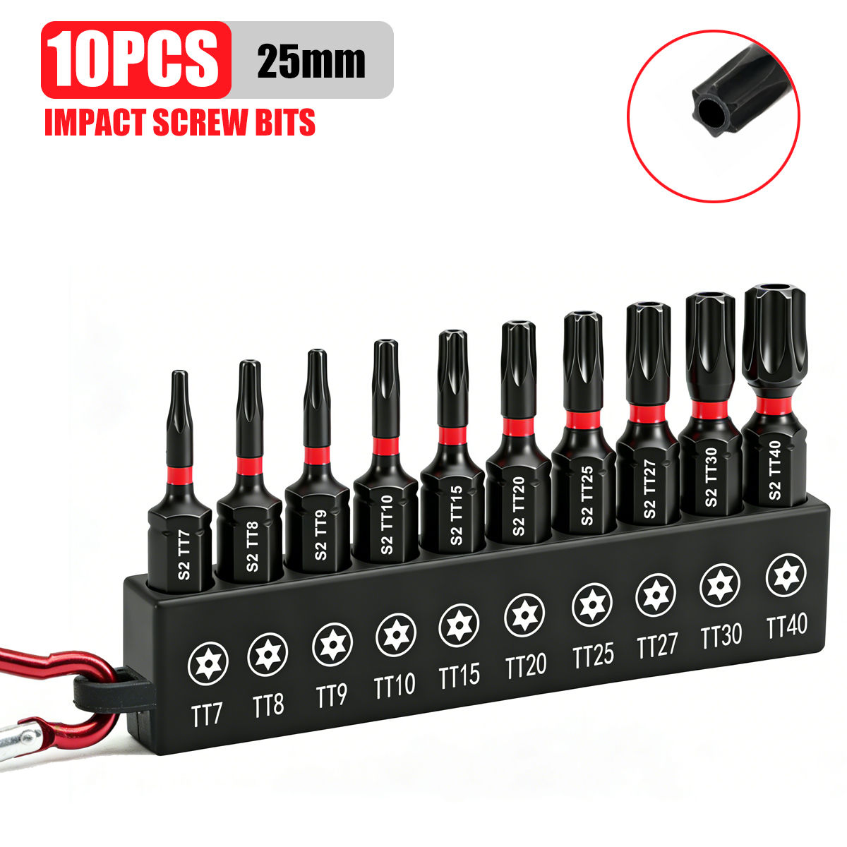 10-Piece Set of 25mm Safety Torx Impact Bits, S2 Steel with Magnetic Anti-Slip F