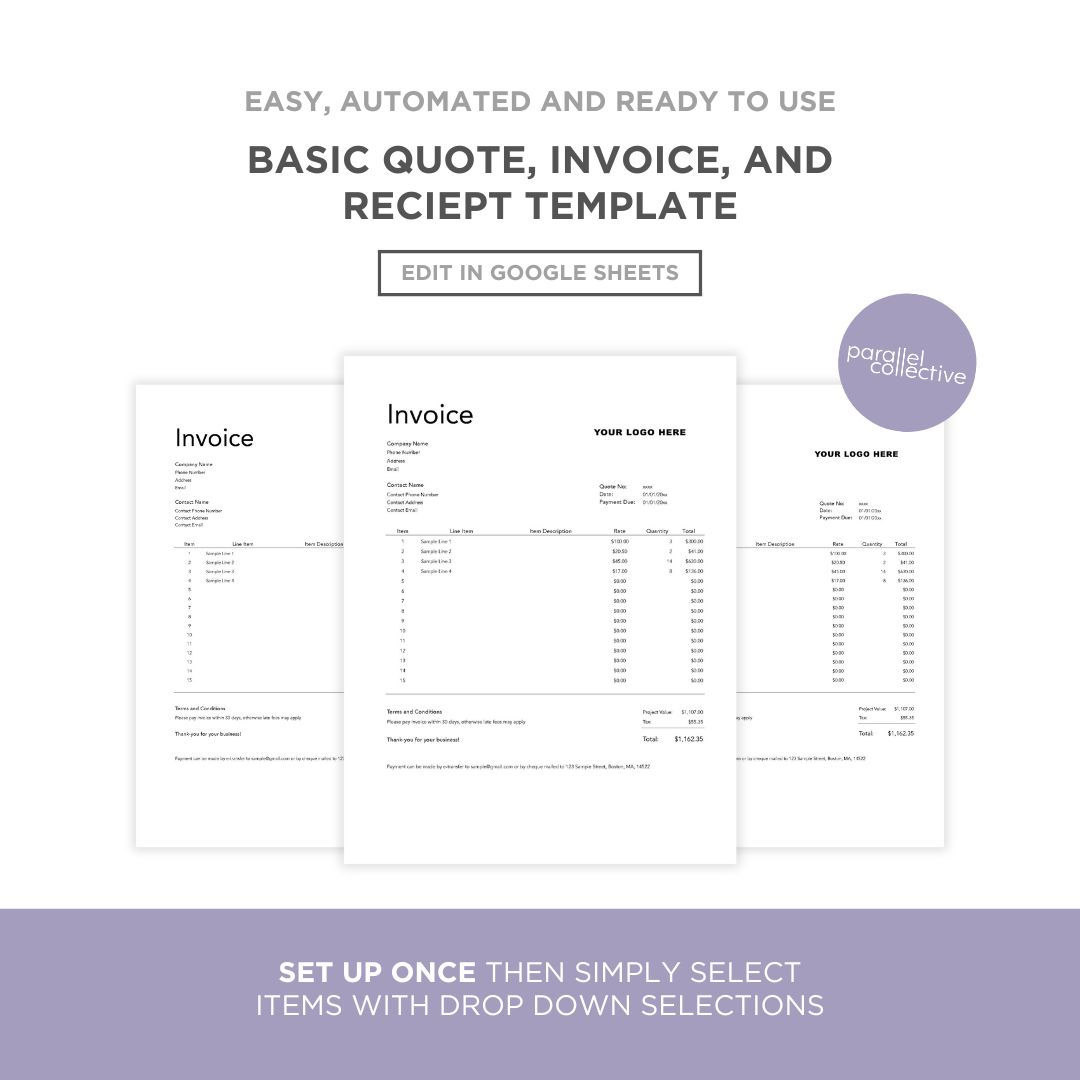Minimal Quote, Invoice & Receipt - Google Sheets or Excel Template