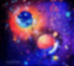 Peinture fluorescente - Tableau exposé à la lumière noire, représentant des planètes oranges sur fond violet. Par Cynthia Dormeyer