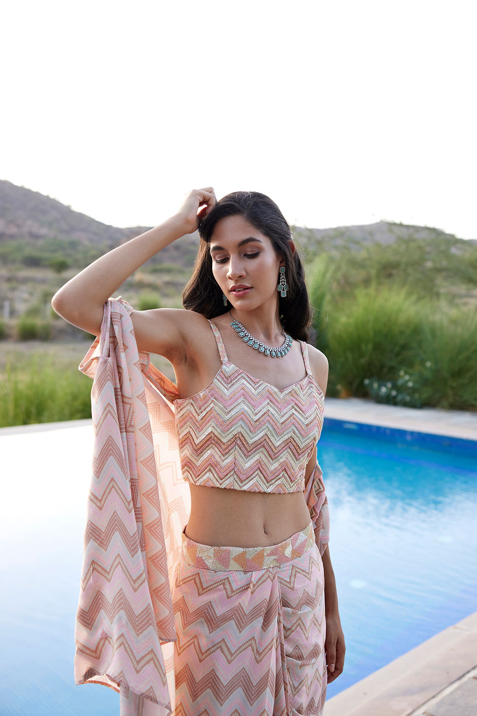 Thumbnail: Chevron Printed pleated drape set - Set of 3