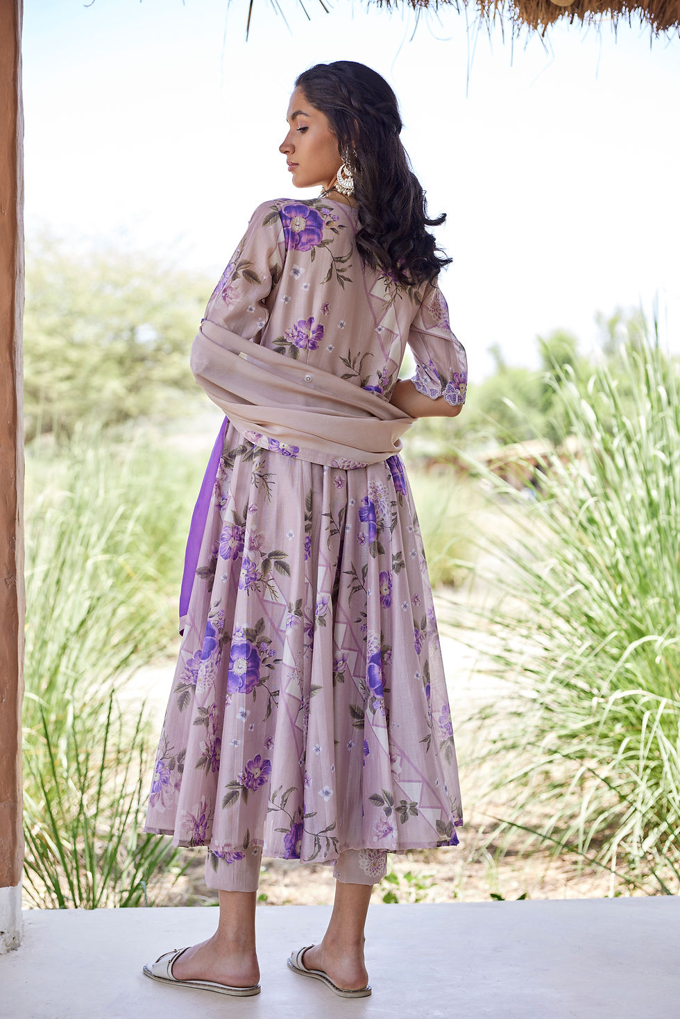 Thumbnail: Lilac Chanderi Floral Kalidaar Suit - Set of 3