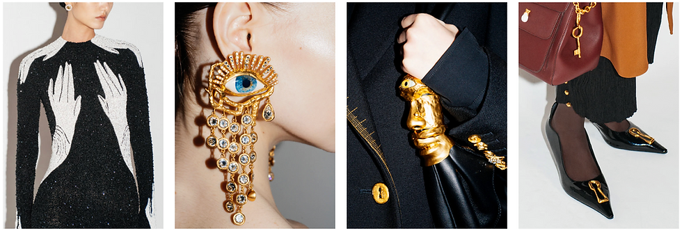 Eye-level view of a mannequin dressed in a surrealist-inspired Schiaparelli gown designed by Daniel Roseberry