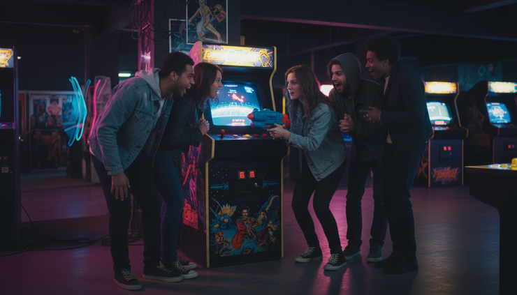 Eye-level view of friends watching a player at a light gun arcade cabinet