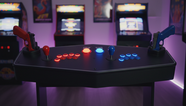 Eye-level view of a cabinet control panel with two holstered light guns and arcade buttons.