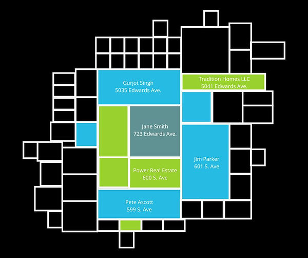Graphic showing parcels on a map with names overlaid