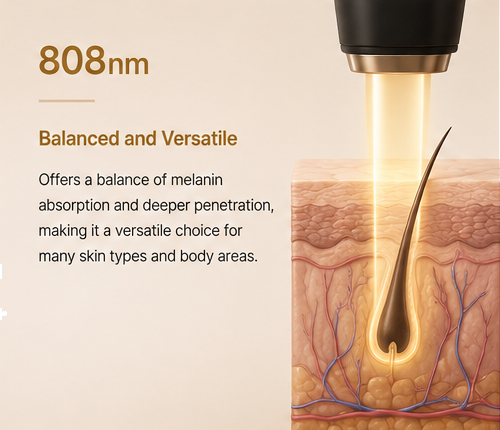 808nm laser hair removal wavelength diagram showing balanced melanin absorption and follicle penetration.