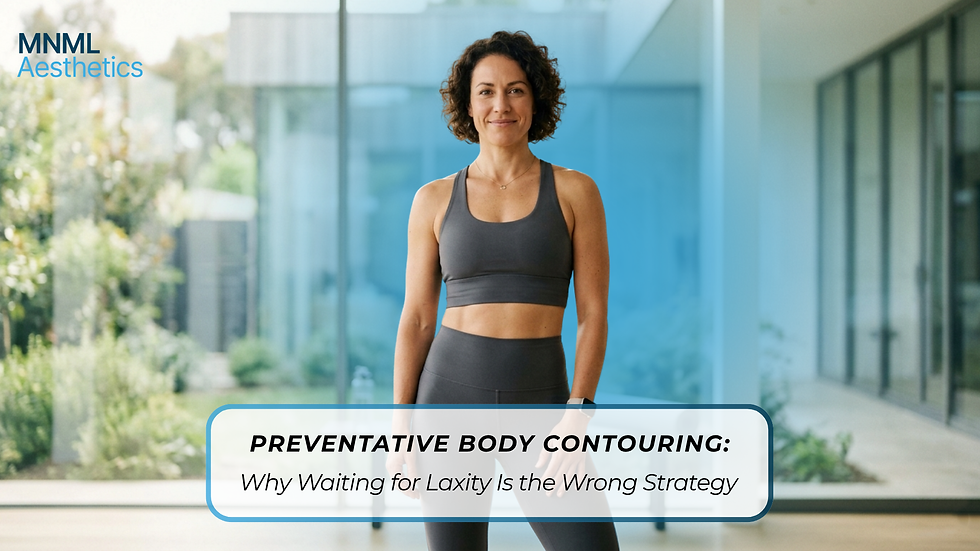 Woman in activewear standing confidently in a bright wellness space for a blog about preventative body contouring and skin laxity.