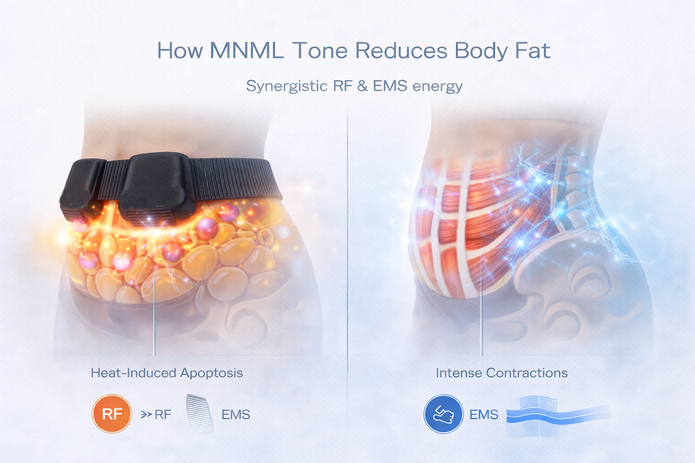 Two-panel infographic titled “How MNML Tone Reduces Body Fat” showing RF heating of fat cells on the left and EMS-driven muscle contractions on the right, illustrating combined RF and EMS energy.