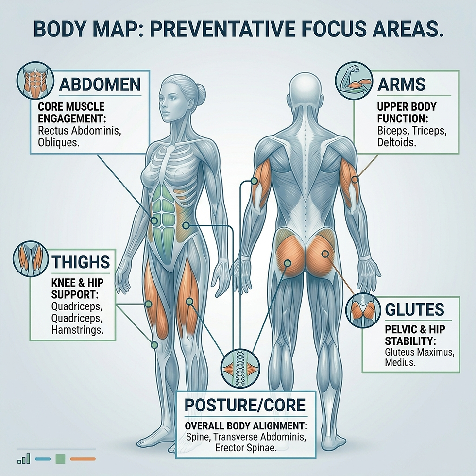 Educational body map showing key preventative contouring focus areas, including the abdomen, arms, thighs, glutes, and posture-supporting core muscles.
